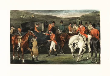 Gentlemen victoriens à cheval se rassemblant pour une chasse au cerf