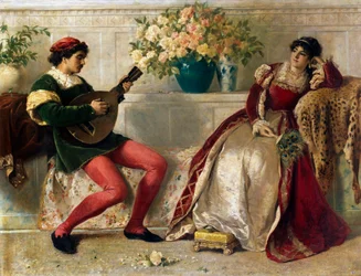 "Le temps des Roses" Un jeune musicien jouant pour une dame, richement vetue de velours, un eventail de plumes de paon a la main, elle est appuyee sur une peau de guepard. Peinture de Henry Thomas Schaefer (1845-1915) 1877 Collection privee