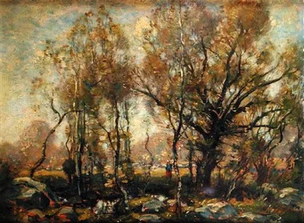 Figure dans un paysage boisé