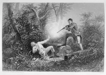 Le fratricide à Wyoming, 1778, extrait de « The History of the United States », vol. I, par Charles Mackay, gravé par James Charles Armytage (v. 1820-97)