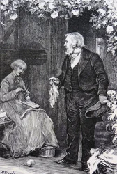 Femme tricotant avec quatre aiguilles