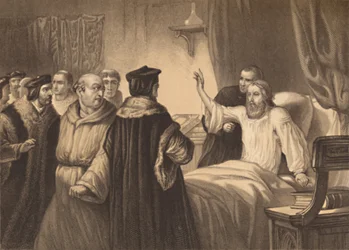 Wycliffe sur son lit de malade assailli par les frères, 1886