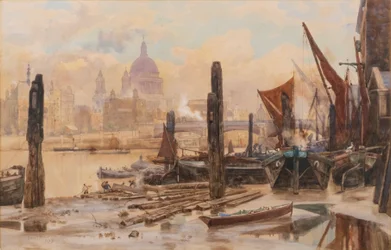 Barges amarrées sur la Tamise; St Pauls et le pont de Blackfriars au loin