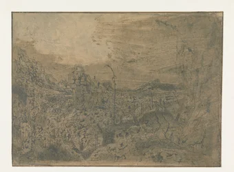 Paysage rocheux avec un homme marchant vers la droite, première version