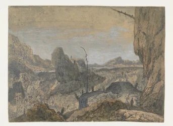 Paysage rocheux avec un homme marchant vers la droite (première version)
