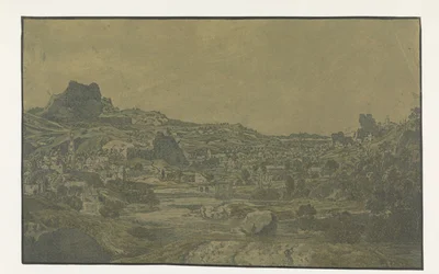 Vallée avec une rivière et une ville avec quatre tours