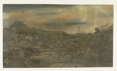 Vallée avec une rivière et une ville avec quatre tours