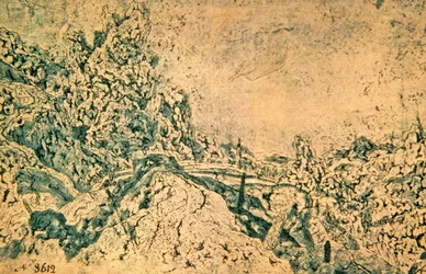 Paysage rocheux avec tour au loin (encre sur papier)