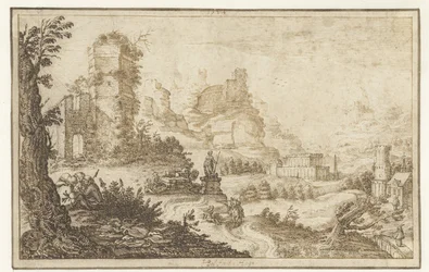 Paysage avec ruines et une statue