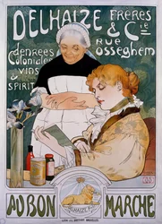 Dame et servante, affiche pour la société Delhaize Frères et Cie au bon marché