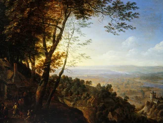 Paysage boisé avec paysans près d