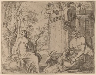 Deux nymphes et un satyre devant une grande cuve