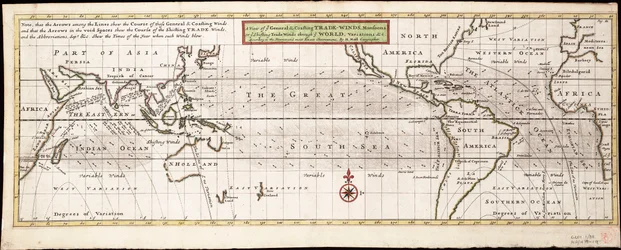 Vue des vents commerciaux généraux et côtiers, des moussons ou des vents commerciaux changeants à travers le monde, variations... selon les observations les plus récentes et les plus exactes, vers 1715