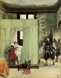 Un gentilhomme protestant trouve refuge dans le lit de Marguerite de Valois, reine de France connue sous le nom de Reine Margot (1553-1615) le jour de la Saint-Barthélemy, le 24 août 1572. Illustration d