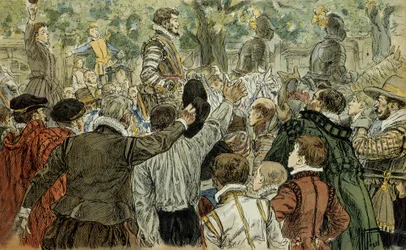 Henri de Guise (1549-1588), chef de la Ligue catholique, acclamé par les Parisiens après la journée des barricades (12 mai 1588). Illustration de 1907, par Hermann Vogel (1856-1918). Collection particulière
