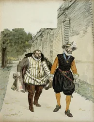 Henri IV (1553-1610) et Charles de Lorraine, duc de Mayenne (1554-1611). Première entrevue de réconciliation entre les deux ennemis, Mayenne, chef des ligueurs, et le roi, dans les jardins du château de Montceaux, en Brie, en 1596. Illustration
