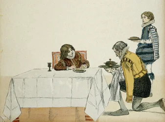 Le jeune Louis XIII (1601-1643), pas encore roi, servi par son gouverneur après la mort de son père Henri IV (1553-1610). Illustration