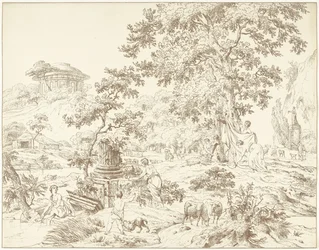 Paysage arcadien avec femme se baignant les pieds