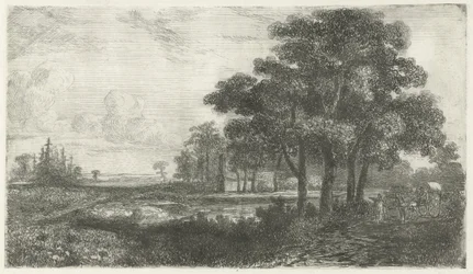 Paysage boisé avec chariot bâché