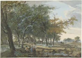 Paysage avec une maison entre des arbres et un chemin le long des champs