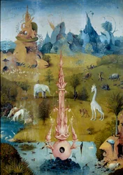 Paradis - La Fontaine. Détail de la partie gauche du triptyque « Le Jardin des délices » de Hieronymus Van Aeken (Aken), dit Jérôme Bosch (1450-1516)