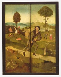 La Charrette de foin, avec panneaux fermés montrant Everyman marchant sur le chemin de la vie
