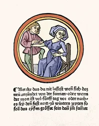 Une femme saignant. Xylographie tirée du Buch de Chirurgie de Hyeronimus Braunschweig. Strasbourg 1497
