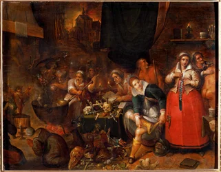 Cuisine des sorcières (peinture sur bois de chêne)