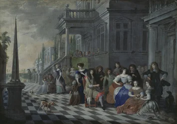 Personnages faisant de la musique devant un palais, 1672