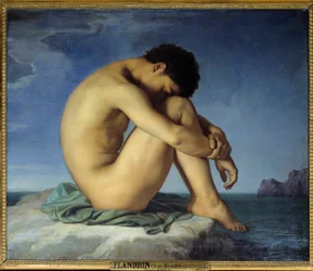 Jeune homme nu assis au bord de la mer en position de penseur (introspection). Peinture de Hippolyte Flandrin (1809-1864) 1836