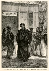 Passepartout sortit emmitouflé dans une vieille robe japonaise, de Le Tour du Monde en Quatre-vingts Jours par Jules Verne (1828-1905), gravé par Louis Prevost, 1873