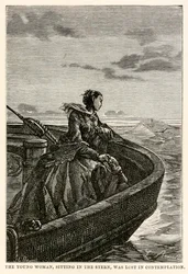 La jeune femme, assise à la poupe, était perdue dans la contemplation, de Le Tour du Monde en Quatre-vingts Jours par Jules Verne (1828-1905), gravé par Jean Louis Prevost, (1790-1850), 1873