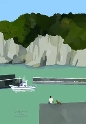 Chiens et personnes regardant le port