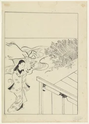 Paysage avec une femme tenant une branche de fleurs à la main