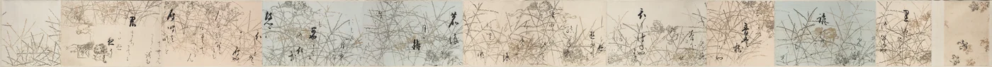 Sélections de la nouvelle collection de poèmes japonais des temps anciens et modernes (Shinkokin wakashū) avec des motifs imprimés de lions chinois et d