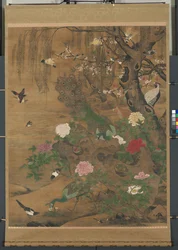 Parchemin suspendu, oiseaux se rassemblant sous le saule printanier, fin des années 1400-début des années 1500