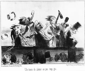 Un train amusant un peu trop joyeux: tiré de Les trains de Plaisir, série de caricatures sur les chemins de fer par Honoré Daumier. Charivari