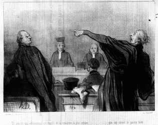 Un avocat qui est manifestement rempli de la conviction la plus intime... que son client le paiera bien, tiré de la série « Gens de Justice » de caricatures sur la Justice par Honoré Daumier (1808-1879). « Charivari »