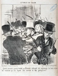 Œuvre de Honoré Daumier (1808-1879). Charivari date de 1852 : Série LE PUBLIC DU SALON - « Quand sonnent quatre heures.- moment solennel où commence la lutte entre les visiteurs qui ont déposé cannes et parapluies » MUSÉE DES BEAUX-ARTS - PALAIS LONGCHAMP