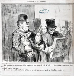 Œuvre de Honoré Daumier (1808-1879). Charivari date de 1859 : Série DANS LA VENTE « - Ma femme m