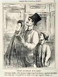 Œuvre de Honoré Daumier (1808-1879). Charivari de 1865 : Série CRUQUIS PAUIT AU SALON. Devant un tableau de Manet : « Pourquoi diable cette grosse femme rouge et en chemise s