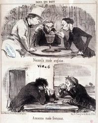 Caricature sur les abus gastronomiques. Série Paris qui boit : nouvelle mode anglaise et ancienne mode française. Gravure par Honoré Daumier (1808-1879). Extrait du journal Le Charivari du 23 juin 1852 Dim 37x26 cm Inv D 2312 - boîte 24 N°7. Marseille, Mus