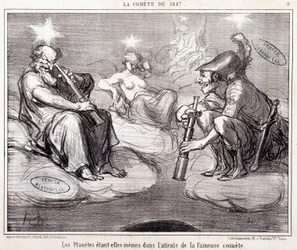 Caricature sur la science. Série sur la comète de 1857 : Les planètes attendent elles-mêmes la fameuse comète. Gravure par Honoré Daumier (1808-1879), 25 mars