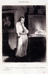 Caricature sur les femmes écrivains. Série « Les Bas Bleus » : « Femme de lettre humanitaire se livrant à des réflexions philosophiques créanées ! ». Gravure par Honoré Daumier (1808-1879). Extrait du journal « Le Charivari » du 10 mars.