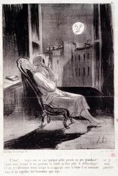 Caricature sur les femmes écrivains. Série « Bas Bleus » : « Ô ! Lune, inspire-moi ce soir... ». Gravure par Honoré Daumier (1808-1879). Extrait du journal « Le Charivari » du 28 février.