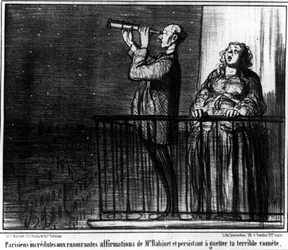 Parisiens incrédules aux assertions rassurantes de Monsieur Babient et persistants à guetter la terrible comète, caricature de Honoré Daumier. « Charivari »