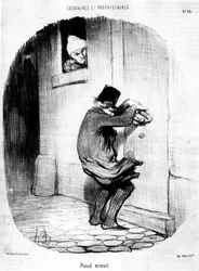 Passé minuit. homme rentrant tard au locataire, tiré de Tenants et Propriétaires, série de caricatures par Honoré Daumier. Charivari