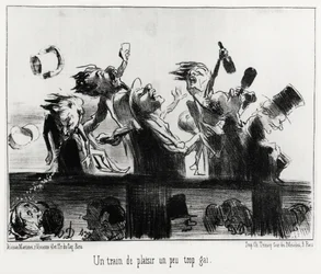 Un train de plaisir un peu trop gai, dans la série Les chemins de fer, illustration par Honoré Daumier (1808-1879), publiée dans « Charivari », datée du 20 août 1852