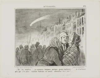 "- Ah oui, ces comètes, elles prédisent toujours de grands malheurs. Je ne suis pas du tout surpris que la pauvre Madame Galuchet soit morte subitement la nuit dernière", planche 573 des Actualités