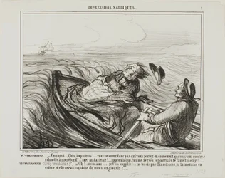 M. Prudhomme : "- Odieuses vagues.... ne savez-vous pas qui vous portez en ce moment ... oh audacieux... sachez que je vais, comme Xerxès, vous fouetter terriblement". Mme Prudhomme : (frissonnant de peur) "- Je vous en prie, mon cher ami, n